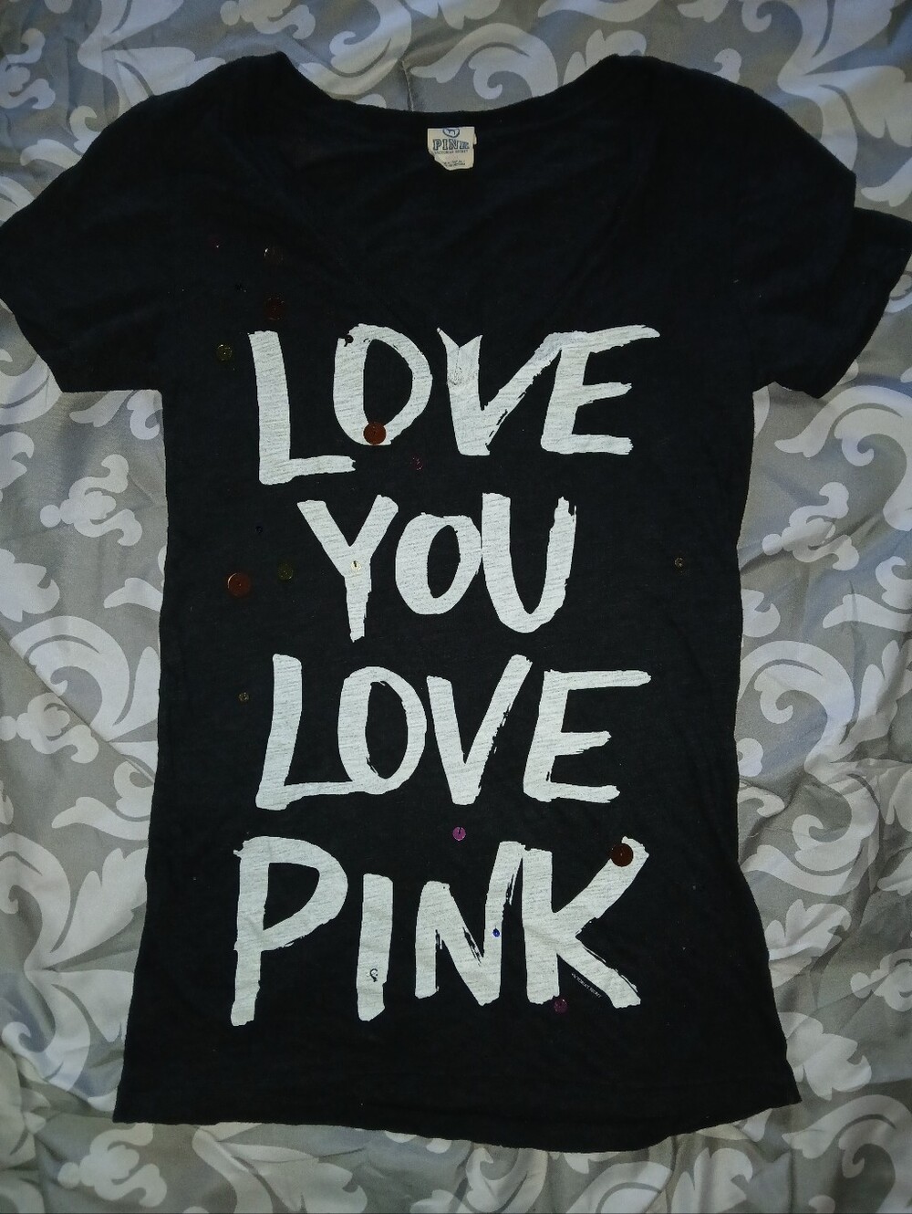 SOLD ON V!  Victoria's Secret Black Tee with White 'LOVE YOU LOVE PINK' Graphic